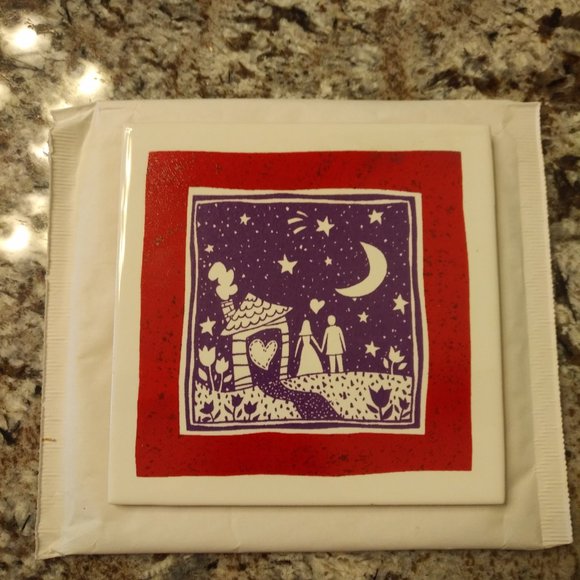 NEW CERAMIC TRIVET WITH COUPLE WALKING HAND-IN-HAND BENEATH THE MOON AND STARS - Picture 2 of 5